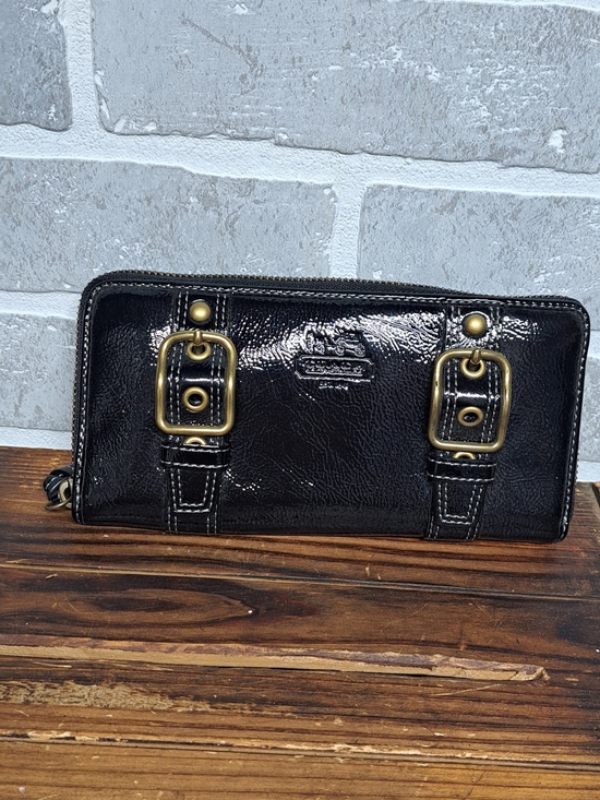 Coach Handbags - Coach Black Patent Leather‎ Zip Wallet with Brass Buckle Accents